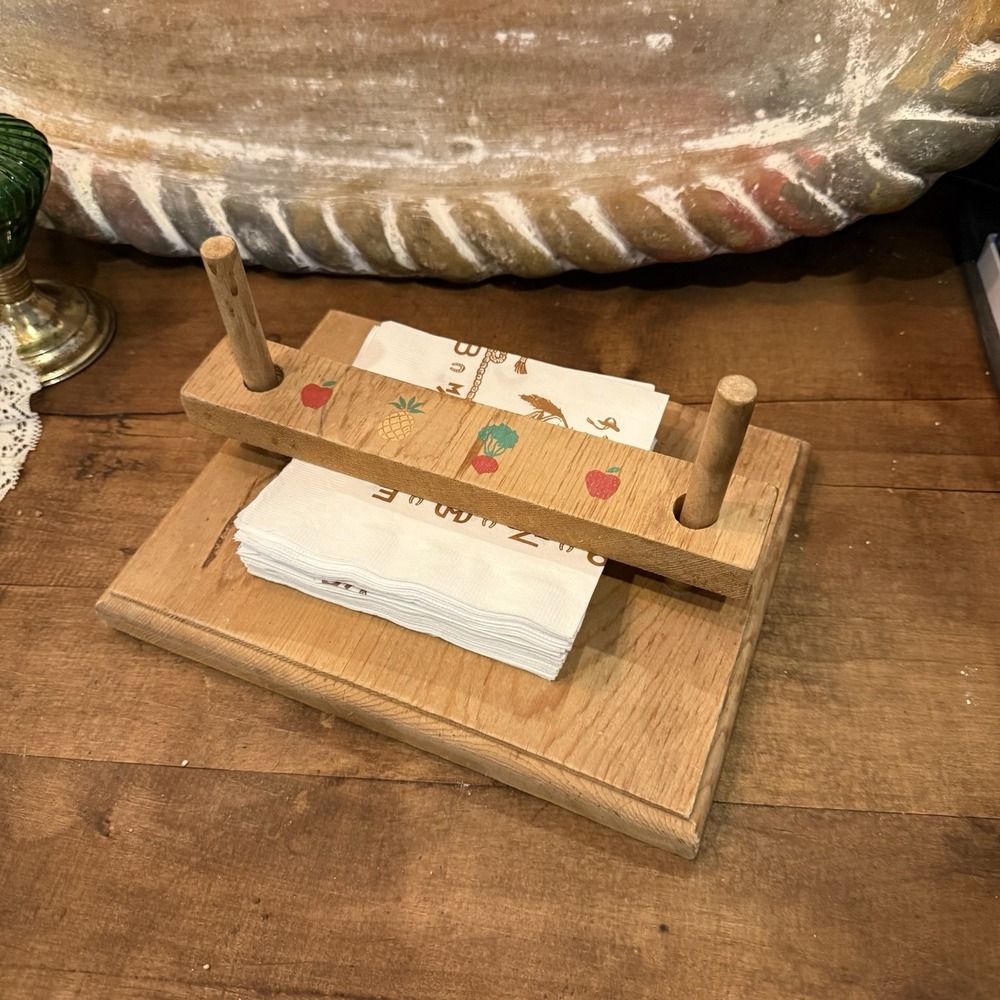Vintage Folk Art Handmade Wooden Napkin‎ Holder Weighted Arm Hand Painted